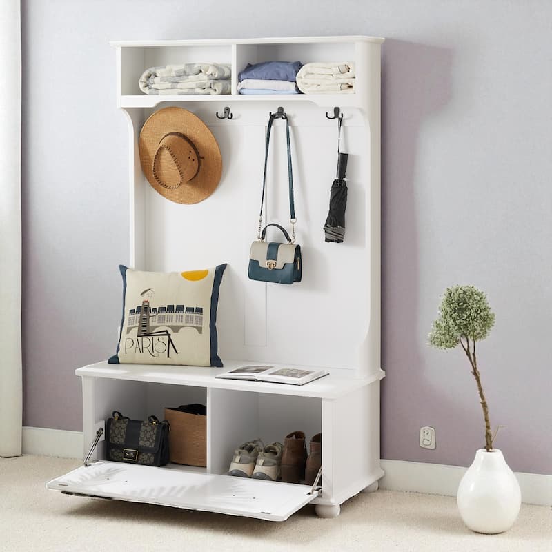 Classic Entryway Hall Tree with Bench, Shelves, Shoe Cabinet & Coat Hooks, Solid Wood Feet Coastal Design