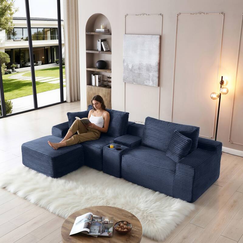 111" L-Shaped Corduroy Boneless Sectional Sofa with Ottoman