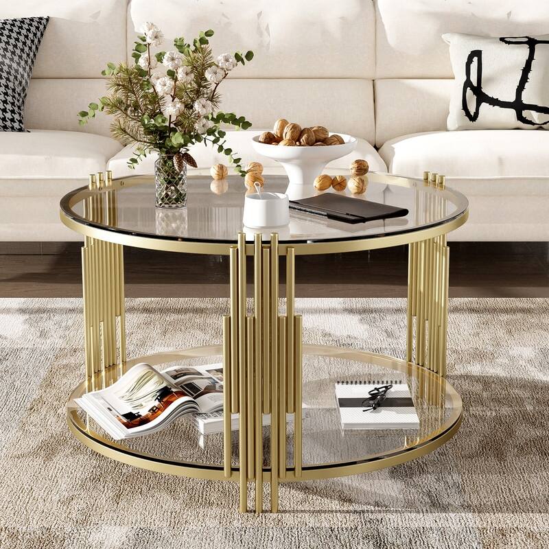 Modern 2-Tier Mirror Coffee Table with Asymmetrical Metal Legs, Round Metal Drum Base Cocktail Table - Clear