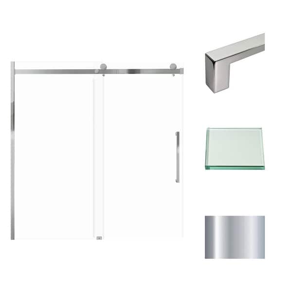 slide 1 of 18, Madeline 60 in. W x 60 in. H Sliding Frameless Shower Door with Fixed Panel with Clear Glass - 56-60-in W x 60-in H Polished Chrome