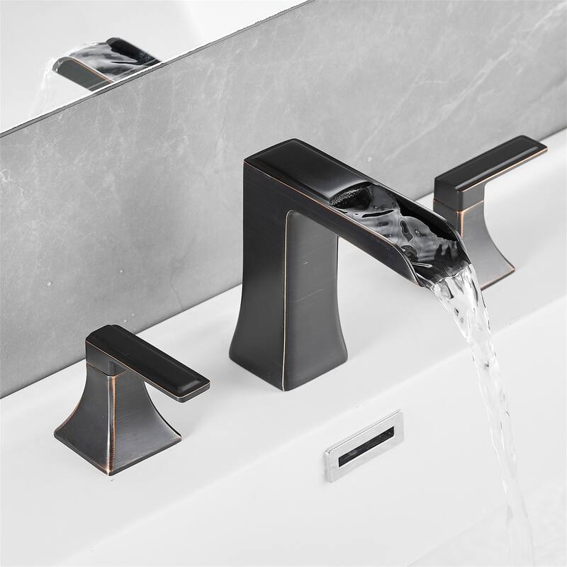 Waterfall 8 Inch Widespread Bathroom Faucet with Pop-up Drain Kit Brass Double Handle Modern Bathroom Sink Vanity Taps