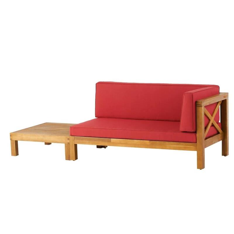 Acacia Wood Outdoor Corner Bench Set with Coffee Table Cross-Back Design Red Cushions