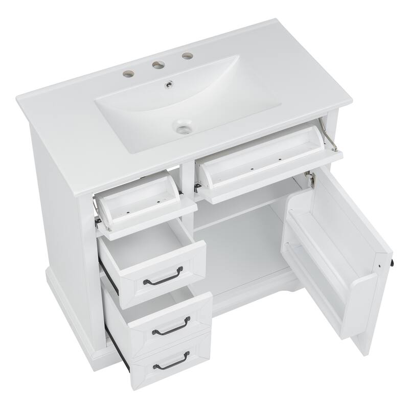 Bathroom Vanity with Ceramic Sink, Bathroom Storage Cabinet with 4 Drawers & 1 Soft-Close Door, Freestanding Bathroom Vanities