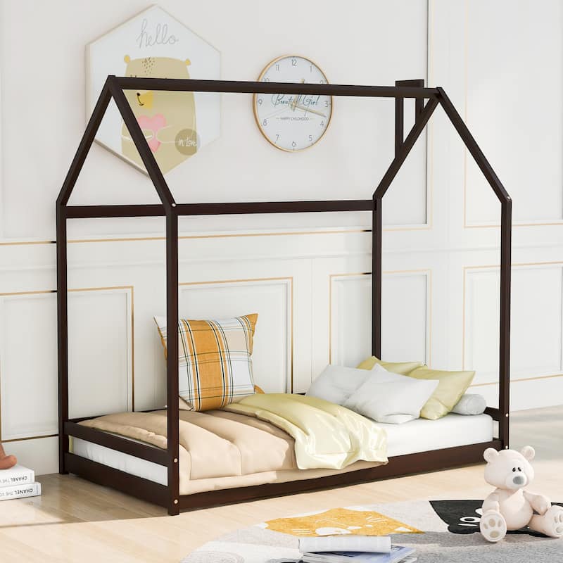 Twin/Full Size Wooden House Bed for Kids, Semi-Enclosed Playhouse Design with Roof, Perfect for Bedroom Fun and Sleep
