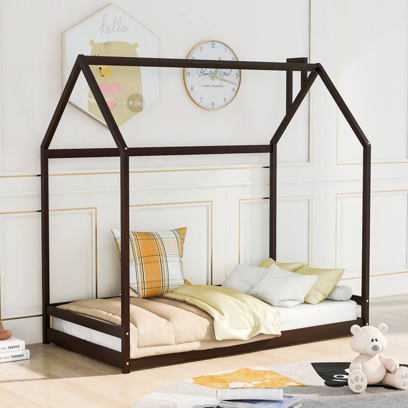Twin Size House Bed with Roof, Playhouse Design, and Pinewood Frame