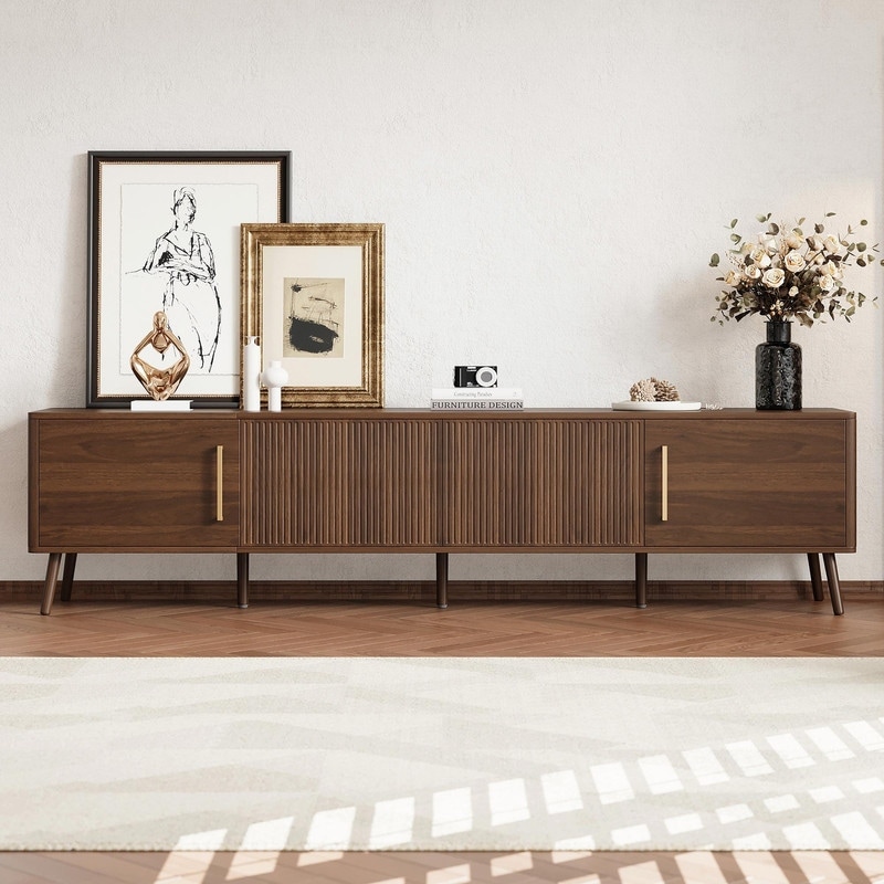 78" Modern TV Stand for TVs up to 85", with Fluted Doors, Cable Management, Soft-Closing Hinges & Solid Wood Legs