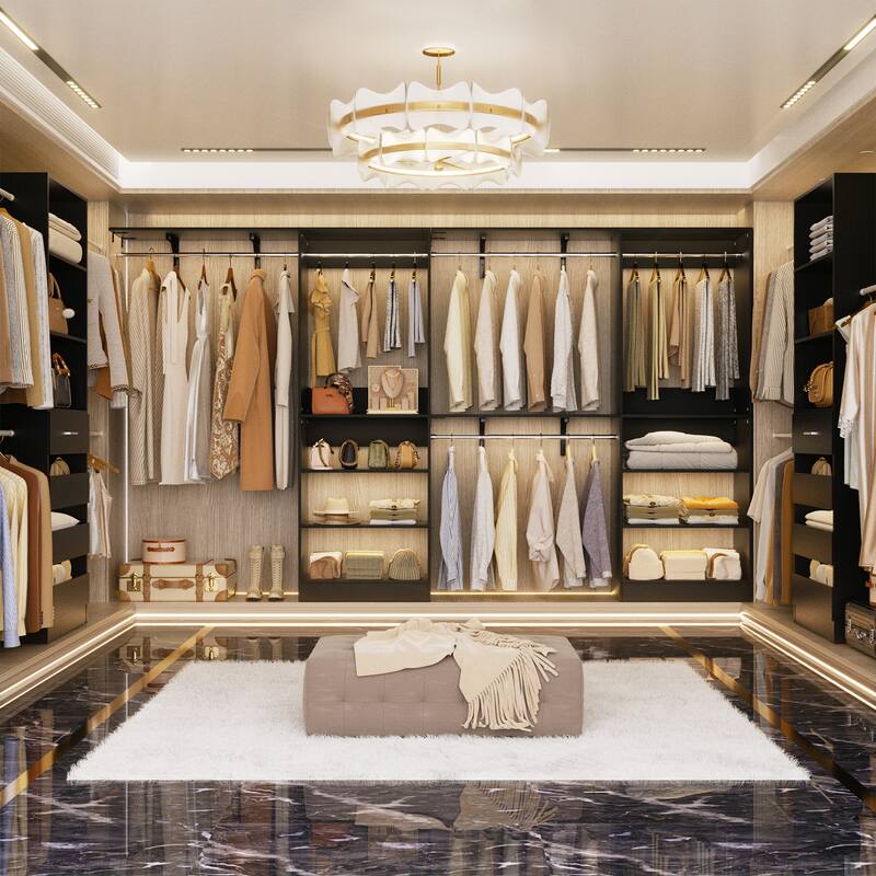 96'' W Walk-in Closet System with 4 Hanging Rods and 3 Shelving Towers, Sturdy Closet Organizer with Storage Shelves