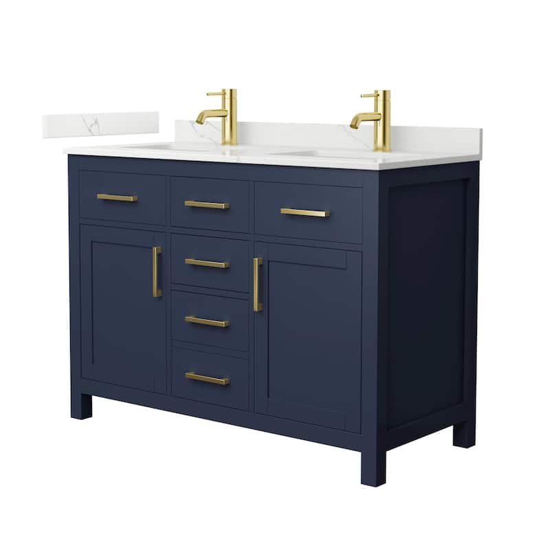 Wyndham Collection WCG2424-48D-QTZ-UNSMXX Beckett 48" Free Standing - Dark Blue / Giotto Quartz Top / Brushed Gold