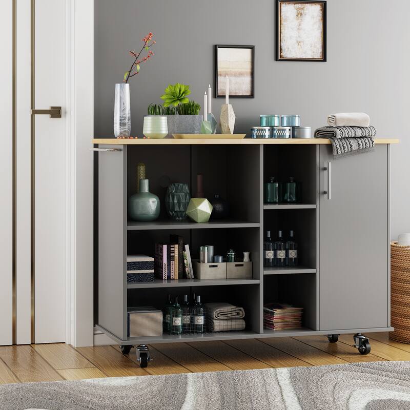 Futzca 47”W Kitchen Storage Island Cart with 6 Open Shelves and 1 Cabinet