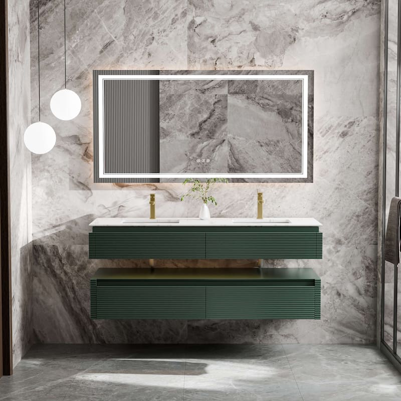 Modland 60" Modern Wall-Mounted Double Sink Bathroom Vanity with Engineered Stone Countertop, Soft-Close Drawers - Green