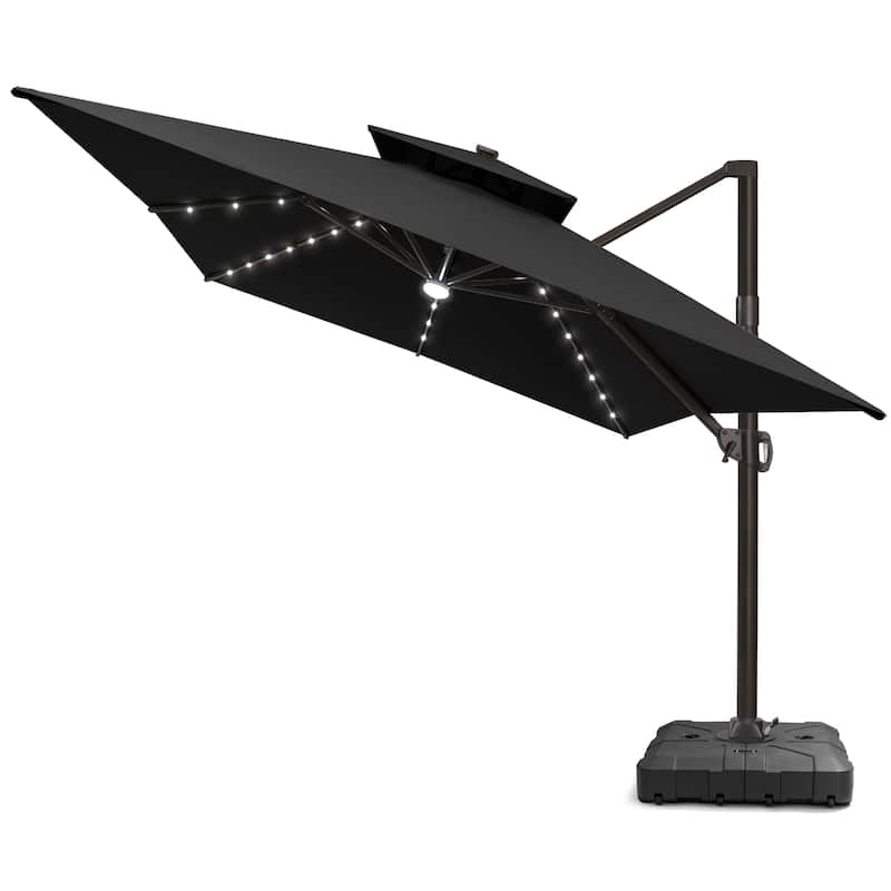 Pellebant Outdoor 10x13FT Patio Cantilever Umbrella Dual Top Lar Lighted with Wheel Base - Black