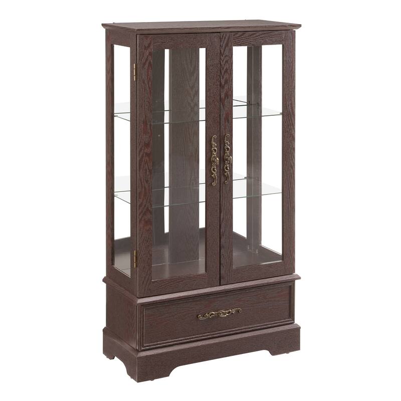 GDFStudio - Traditional Storage Lighted Curio Display Cabinet with Glass Doors and Drawer
