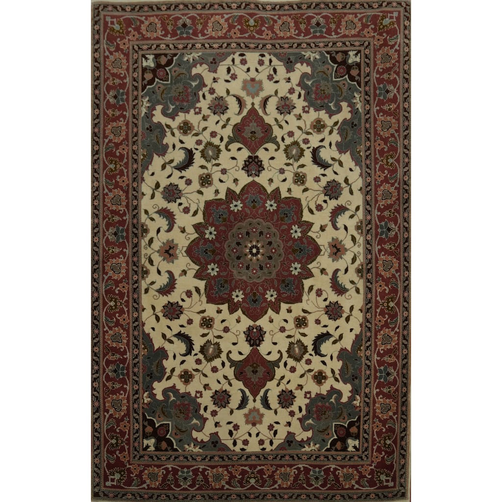 Hand Knotted Oriental 100% Wool Carpet Traditional Floral Beige & Ivories Tabriz Area Rug - 5' 3'' X 3' 4''