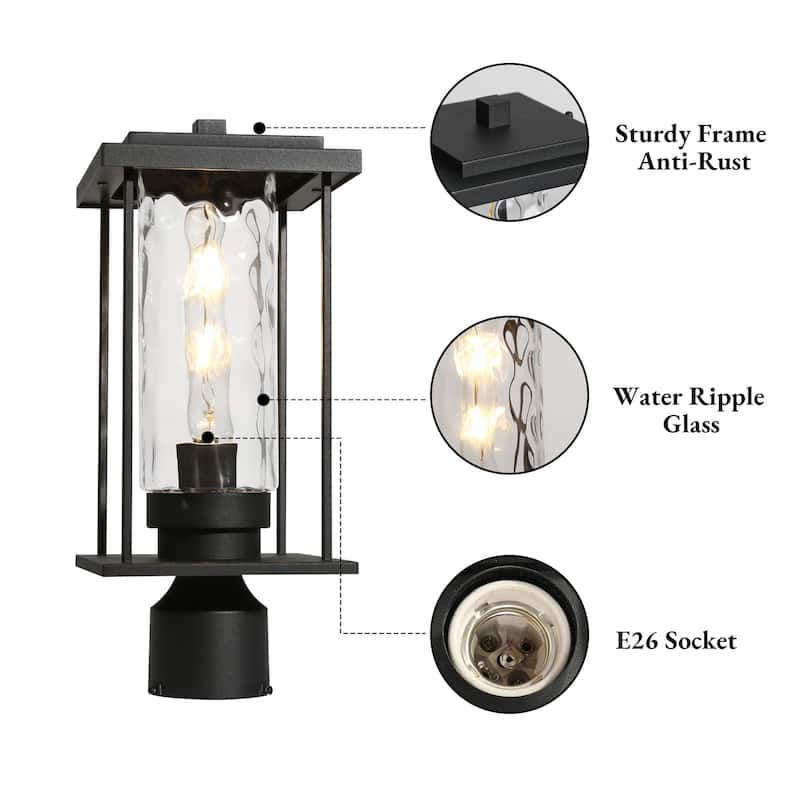 Modern 1-Light Black Outdoor Post Light Head Lantern with Water Ripple Glass Shade - L 6.7" x W 6.7" x H 15.7"