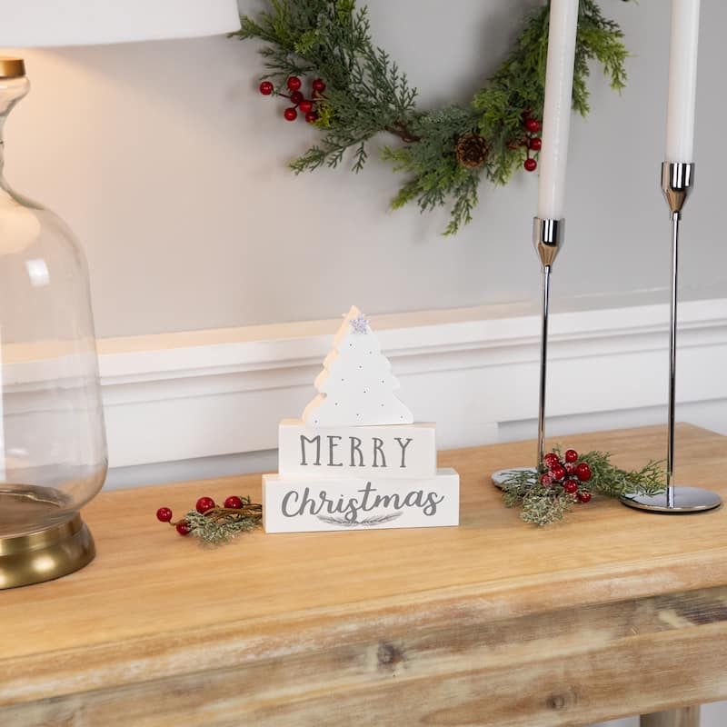 Star Topped Tree "Merry Christmas" Wooden Block Decoration - 6.75"