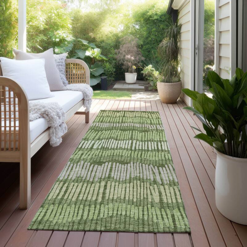 Machine Washable Indoor/ Outdoor Chantille Stripe Abstract Rug - Olive - 2'3" x 7'6"
