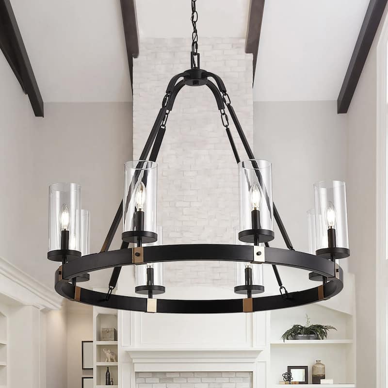 Industrial Rustic 8-Light Wagon Wheel Metal Candle Style Chandelier with Clear Glass Shade