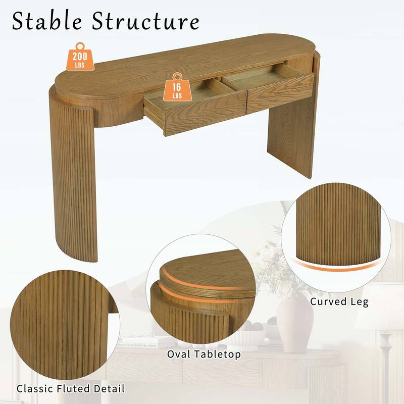 Console Table with Fluted Legs,Oval Top and 2 Drawers for Modern and Elegant Living Spaces