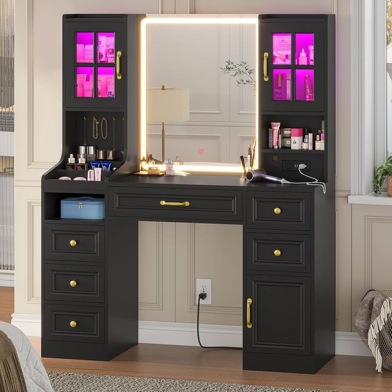 Vanity Desk Touch Screen Mirror Cabinets 6 Drawers 5 Jewelry Hooks