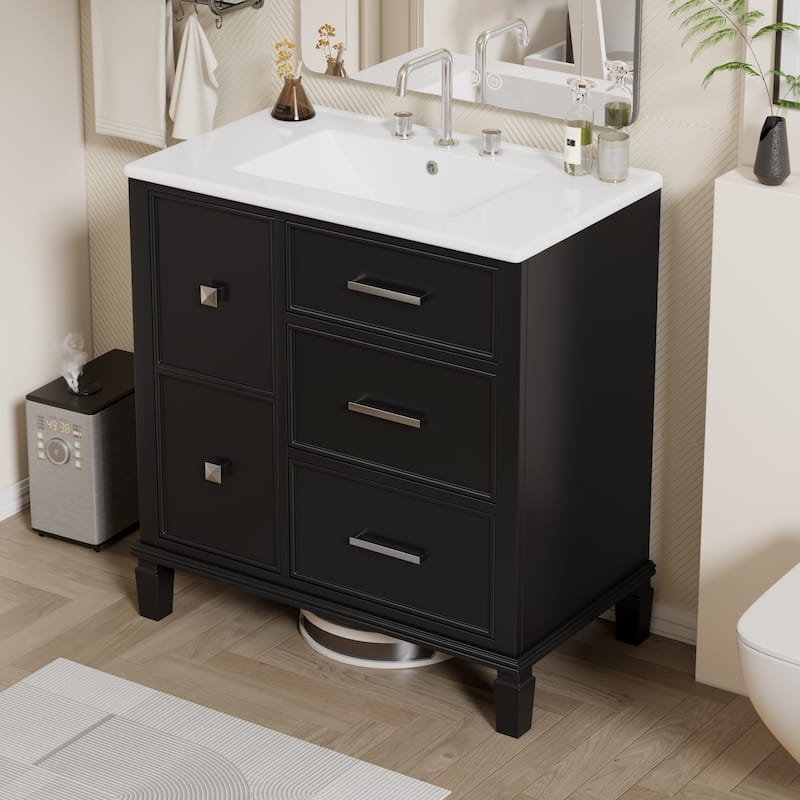 30 Inch Bathroom Vanity with Ceramic Sink, Flip-Out Drawer Design for Plumbing