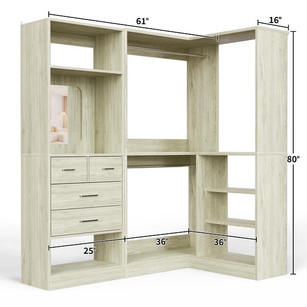 dimension image slide 2 of 3, Cimly Set of 2 Corner Closet System with Drawers, Closet Organizer with Hanging Rods and Storage Shelves