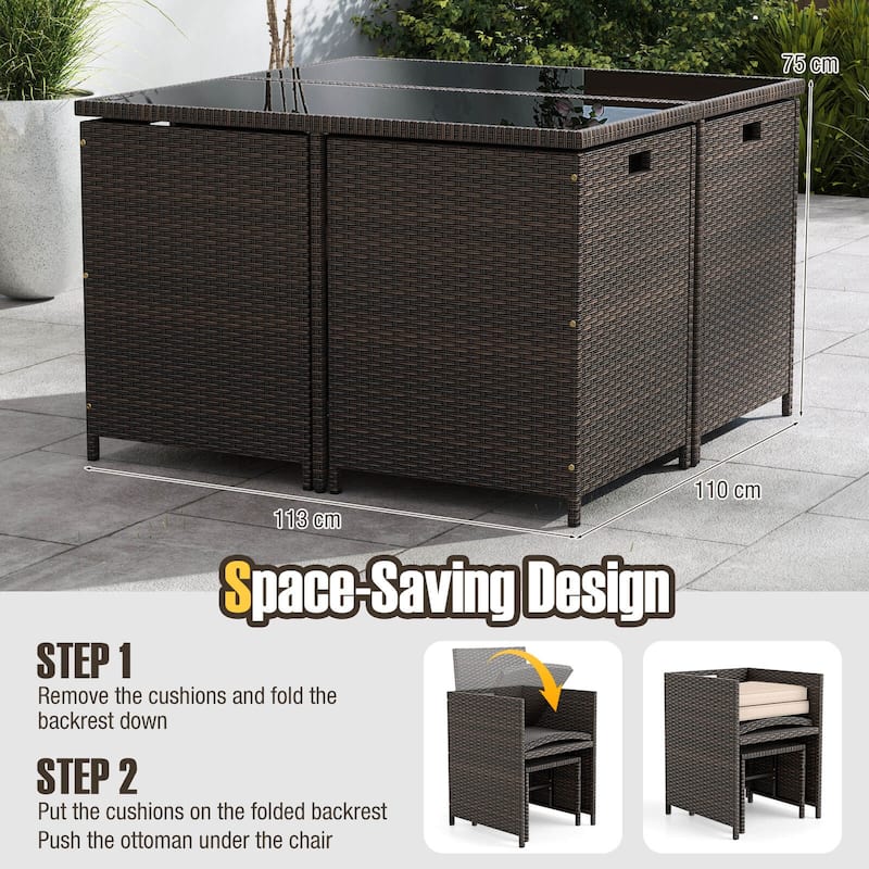 Costway 9 PCS Patio Dining Set with Tempered Glass Table & Ottoman - See Details