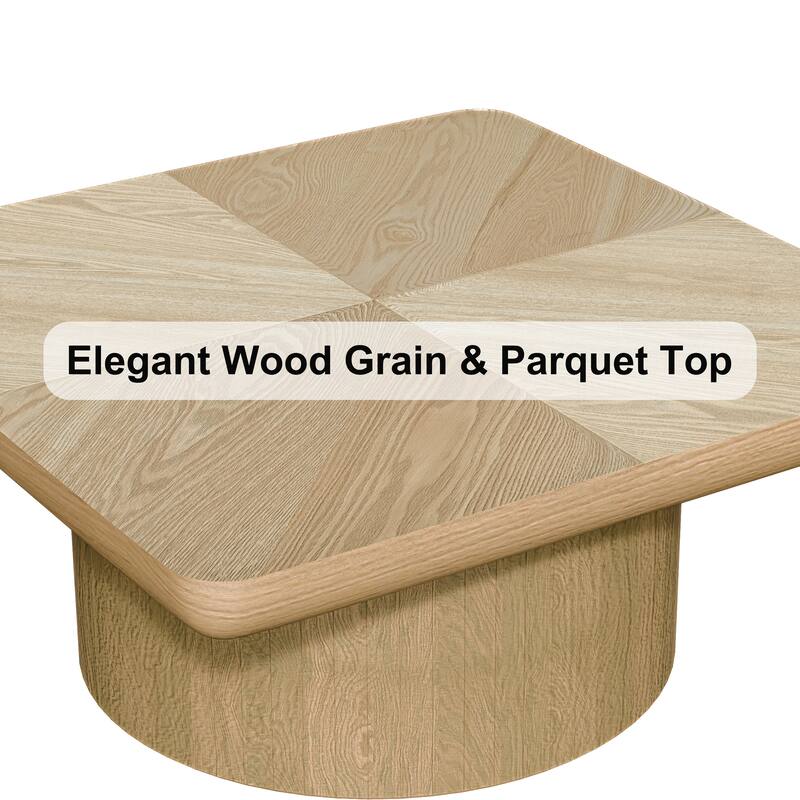 GDF Studio - Modern Square Coffee Table with Parquet Wood Veneer & Cylindrical Base