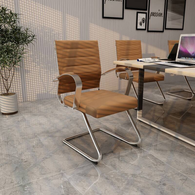 Benmar Modern Leather Office Chair with Stainless Steel Sled Base, Floor Caps, Ergonomic Desk Chair for Home Office or Workspace