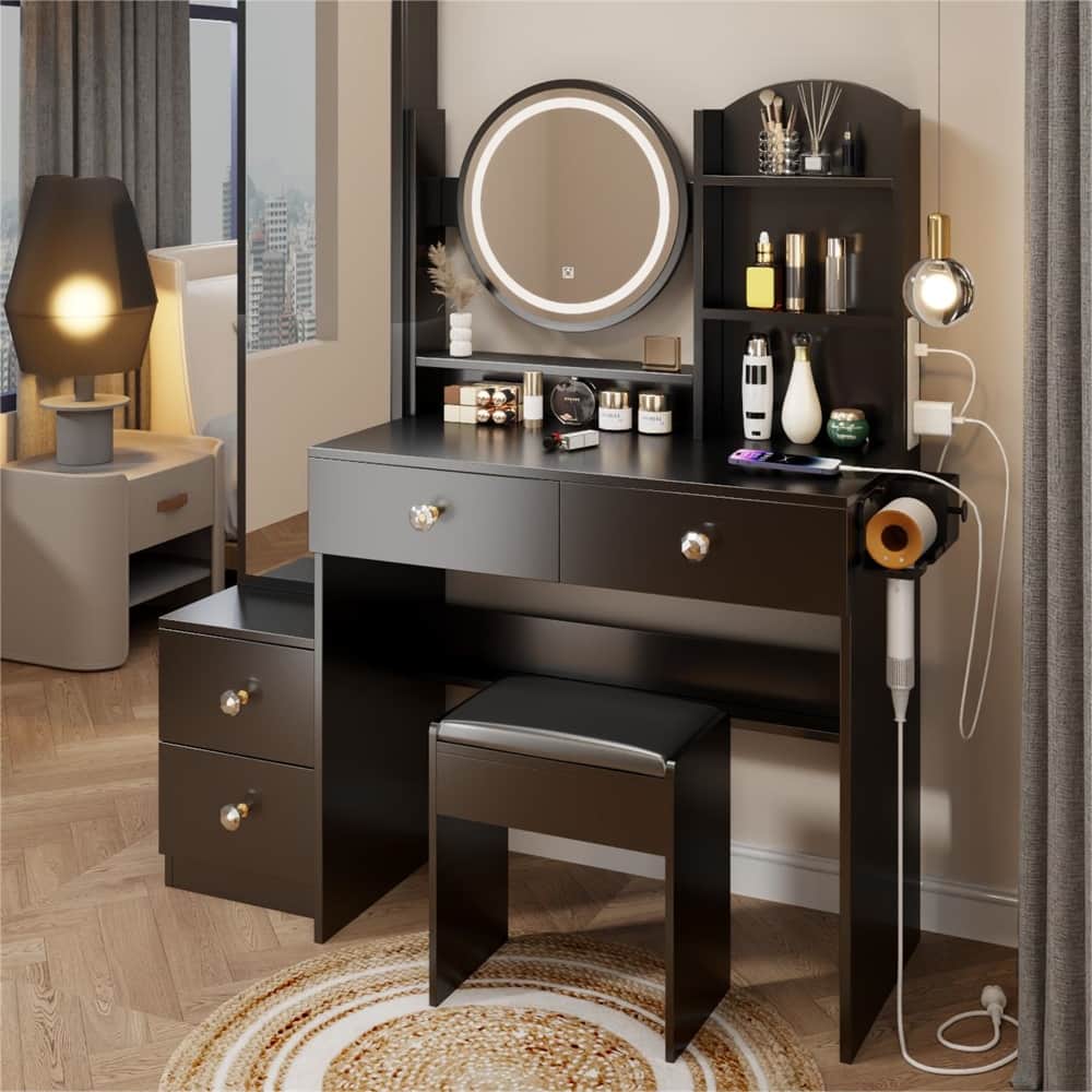 LED Mirror Vanity Table w/ Cushioned Stool & 2 AC+2 USB Power Station