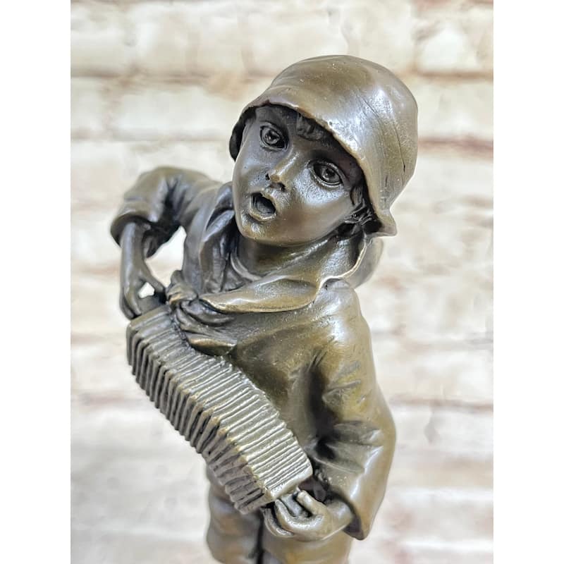 Child Boy Playing Accordion Bronze Statue Sculpture Figure 10 Inches X 4 Inches