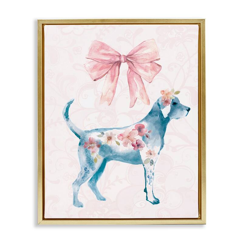 Stupell Floral Dog with Pink Ribbon Framed Floater Canvas Wall Art Design By Carol Robinson - 17 x 21 - Gold