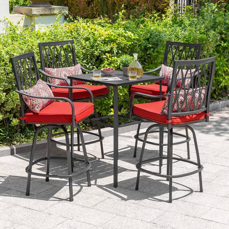 Patio 2-Piece Swivel Bar Stools with Red Cushions, Black