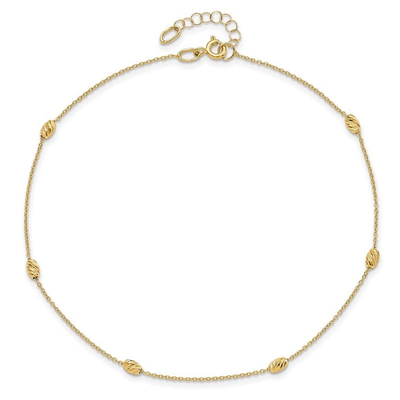Curata Women's Italian 3mm 14k Yellow Gold Diamond-cut Bead Station Anklet - 10 Inch