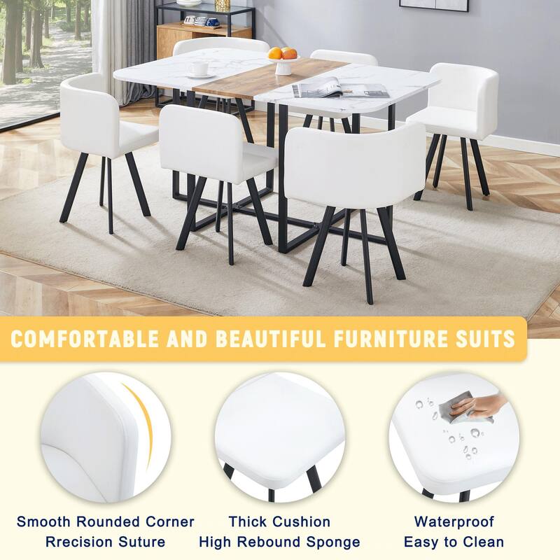 Stylish White Modern PU Material Six-Chair Set Two Designs, Unified Aesthetics