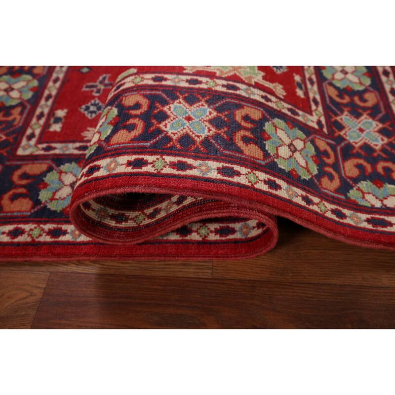 Geometric Red Kazak Oriental Foyer Rug Hand-Knotted Wool Carpet - 3'3" x 4'9"