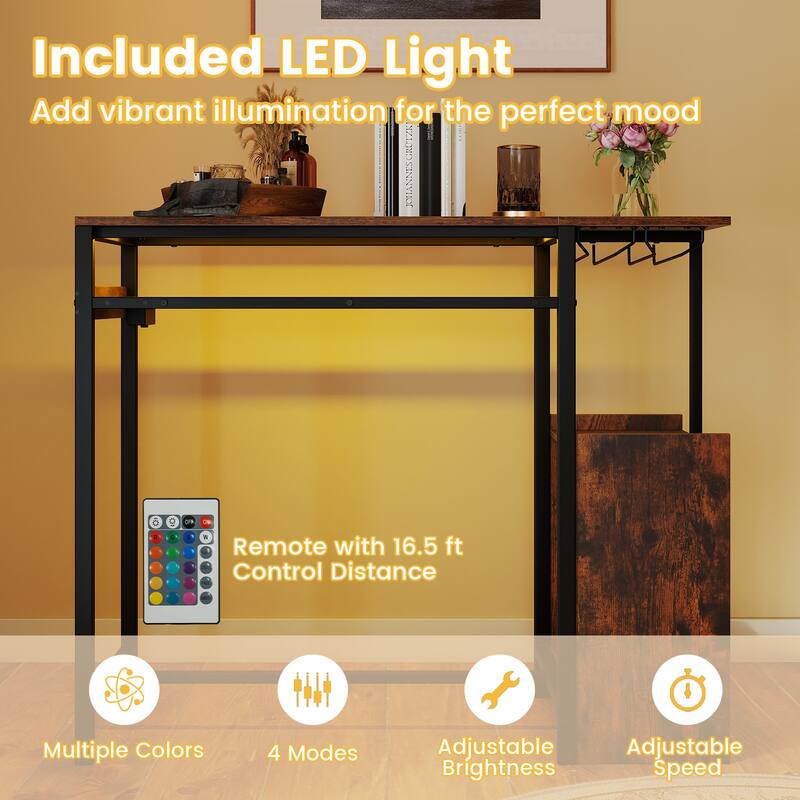 Gymax Rectangular Bar Table w/ Charging Station LED Light Wine Rack 2