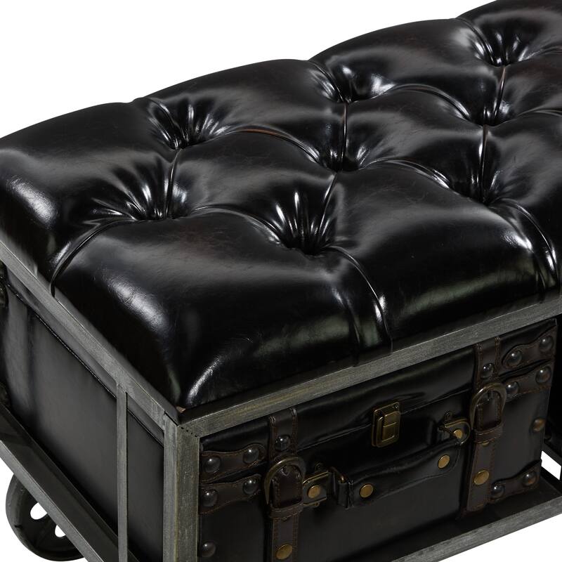 Black Faux Leather Tufted Upholstered 3 Trunk Storage Bench with Industrial Wheels and Gold Studded Accents