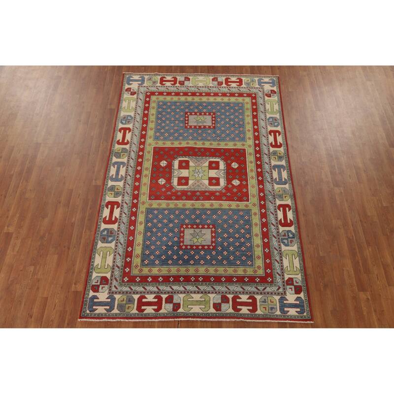 Geometric Kazak Area Rug Hand-Knotted Multi-Color Wool Carpet - 5'11" x 9'2"