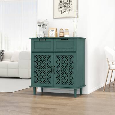 2 Door 2 Drawer Cabinet,with Metal Handles,solid wood foot，cabinet door with Hollow Carving Design