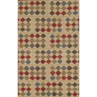Geometric Kilim Oriental Area Rug Hand-Woven Beige Wool Carpet - 3'9"x 6'0"