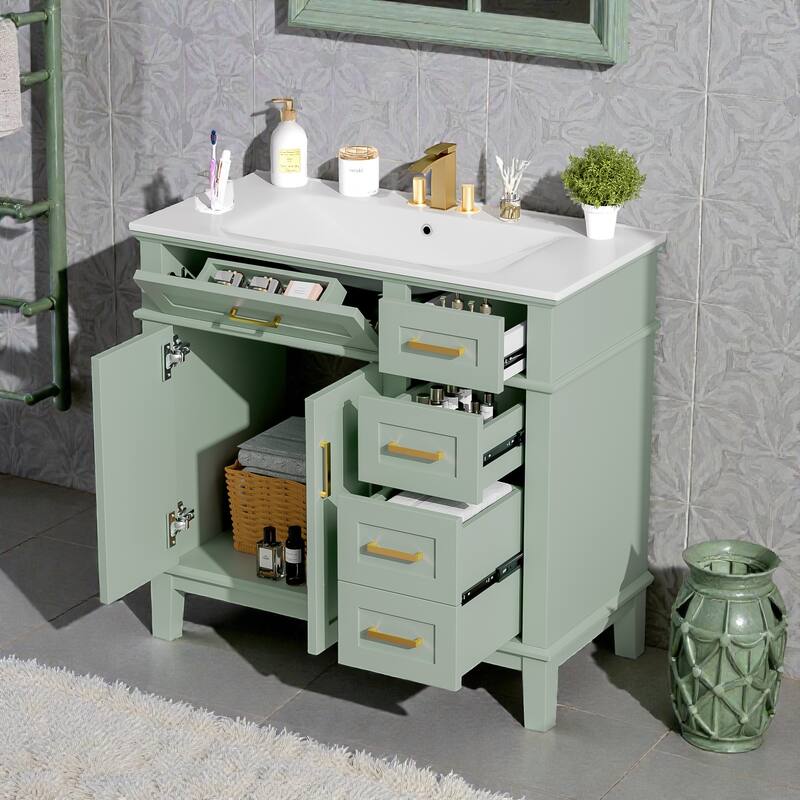 36" Modern Bathroom Vanity with Ceramic Sink, 4 Drawers, 2 Doors, Soft Close, Solid Wood Frame, Freestanding Design