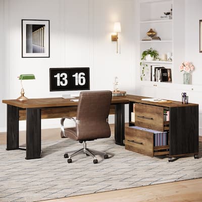 Executive Desk with File Cabinet, Large L Shaped Computer Office Desk with 2 Drawers