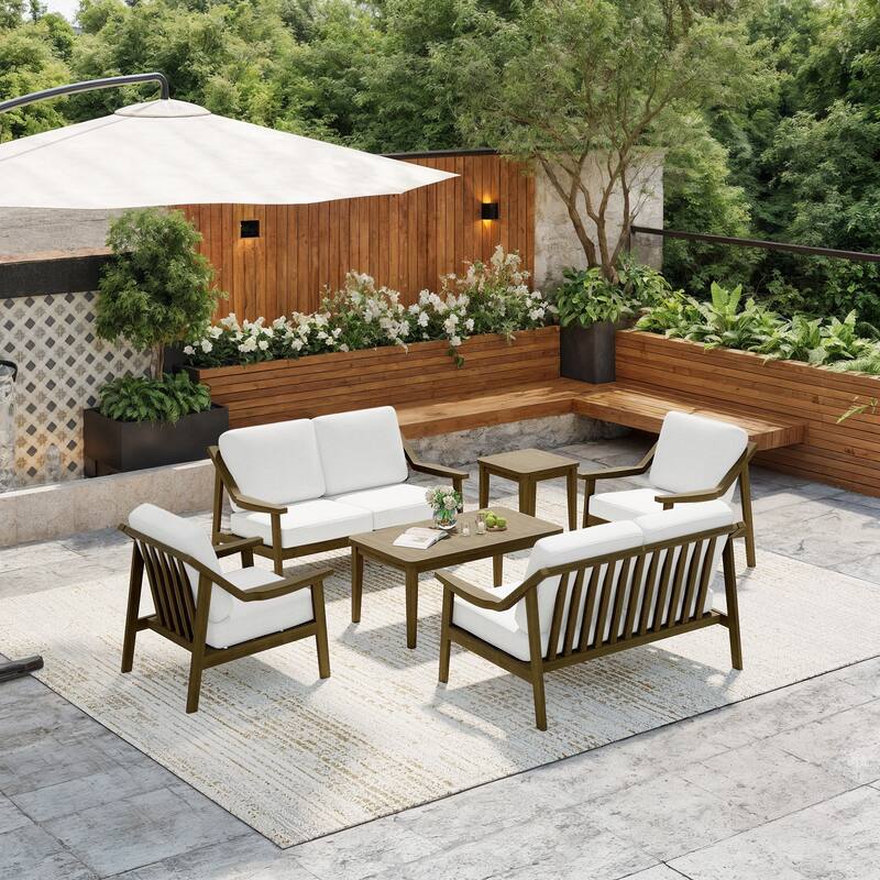 6-piece Wood Patio Chat Set Teak Conversation Set with Cushion