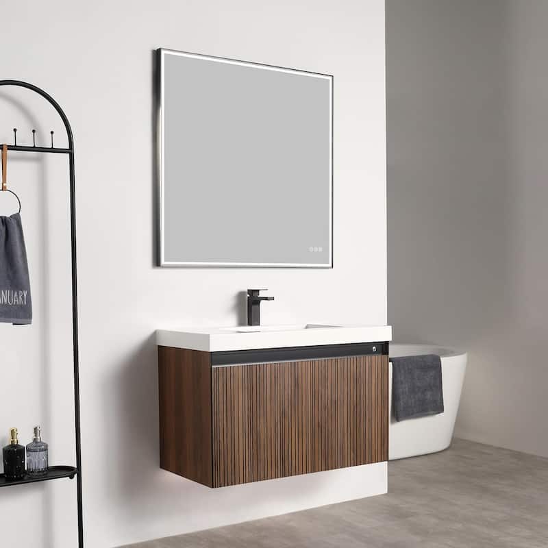 Blossom Lille Brown Walnut Floating Vanity with LED & Acrylic Sink