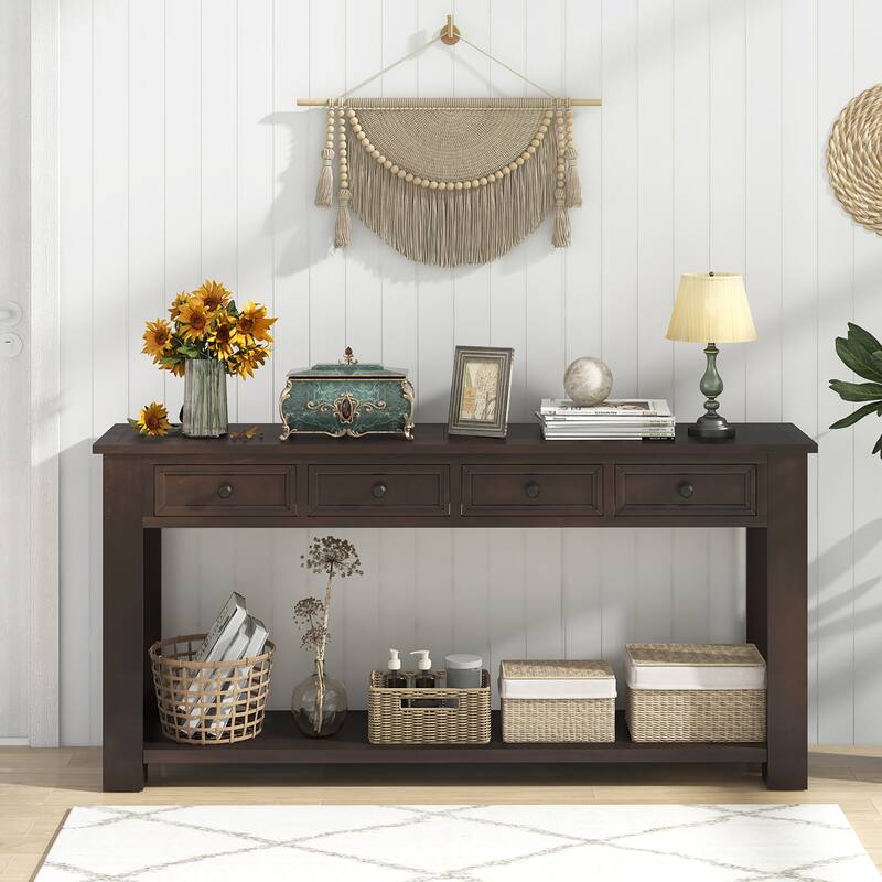 Gymax 63'' Farmhouse Entryway Table with 4 Storage Drawers and Open