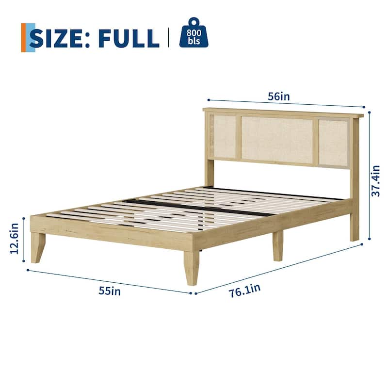 Bed Frame with Natural Rattan Headboard, Strong Wooden Slats