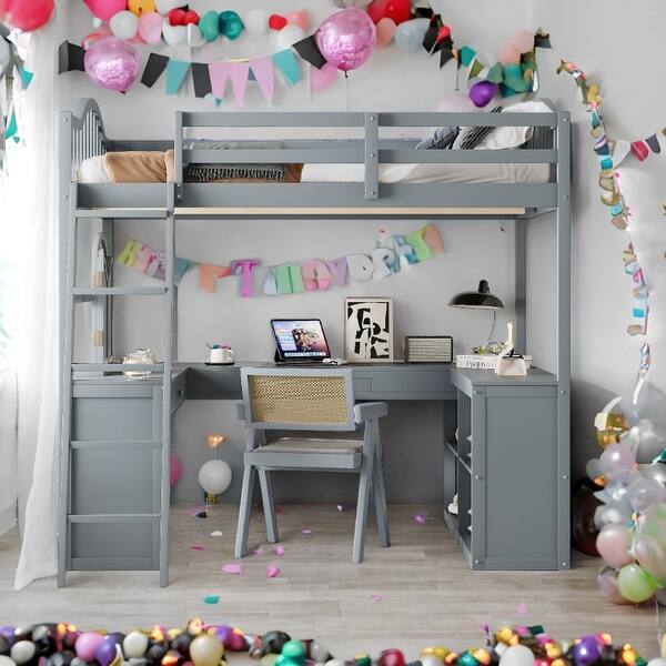 slide 2 of 54, Wooden Full Loft Bed with U-shaped Desk,Storage Compartments and Tri-fold Mirror Grey