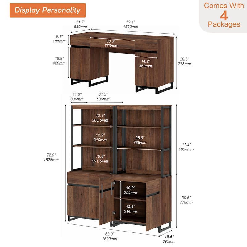 WAMPAT 59" Modern Executive Desk with Charging Station & Storage Cabinet + 72" Tall Bookcases.