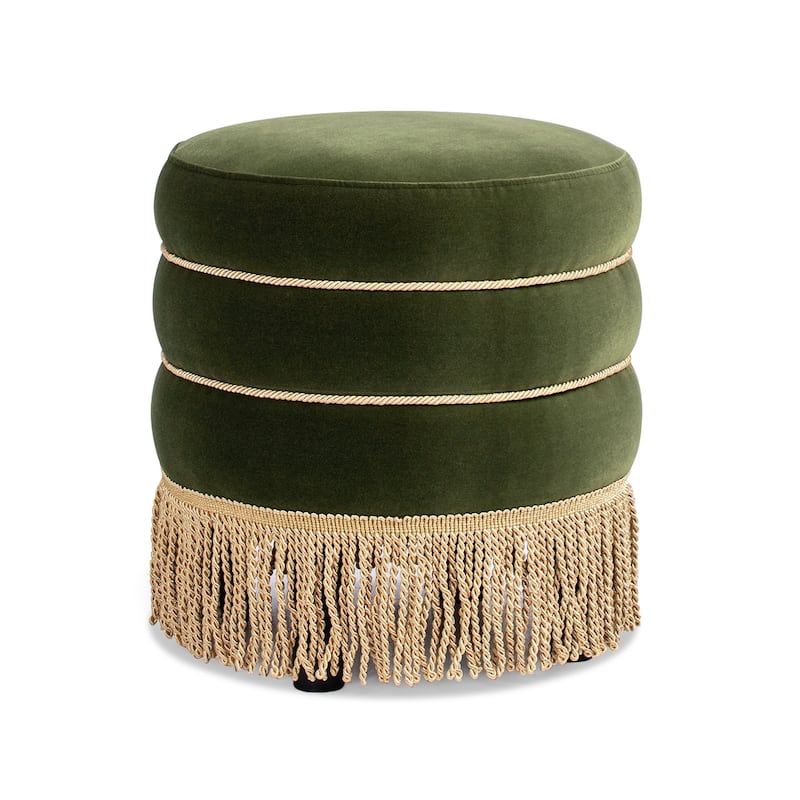 Edward 17.5" Round Upholstered Ottoman with Gold Bullion Fringe