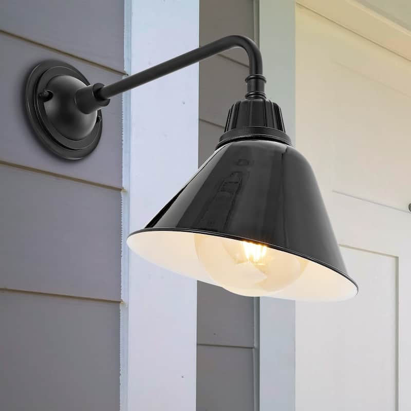Aurora 9.63" 1-Light Farmhouse Industrial Indoor/Outdoor Iron LED Gooseneck Arm Outdoor Sconce, by JONATHAN Y - 9.63